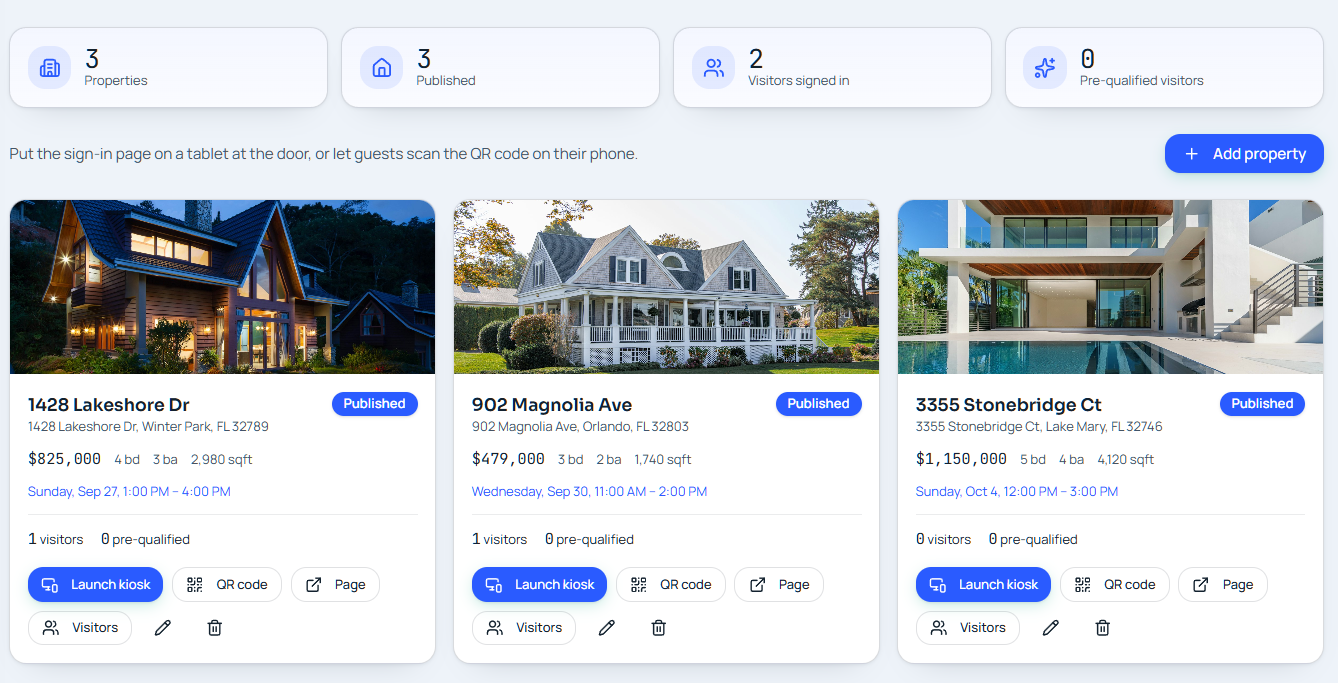 Open House App dashboard listing published properties with QR code and visitor counts