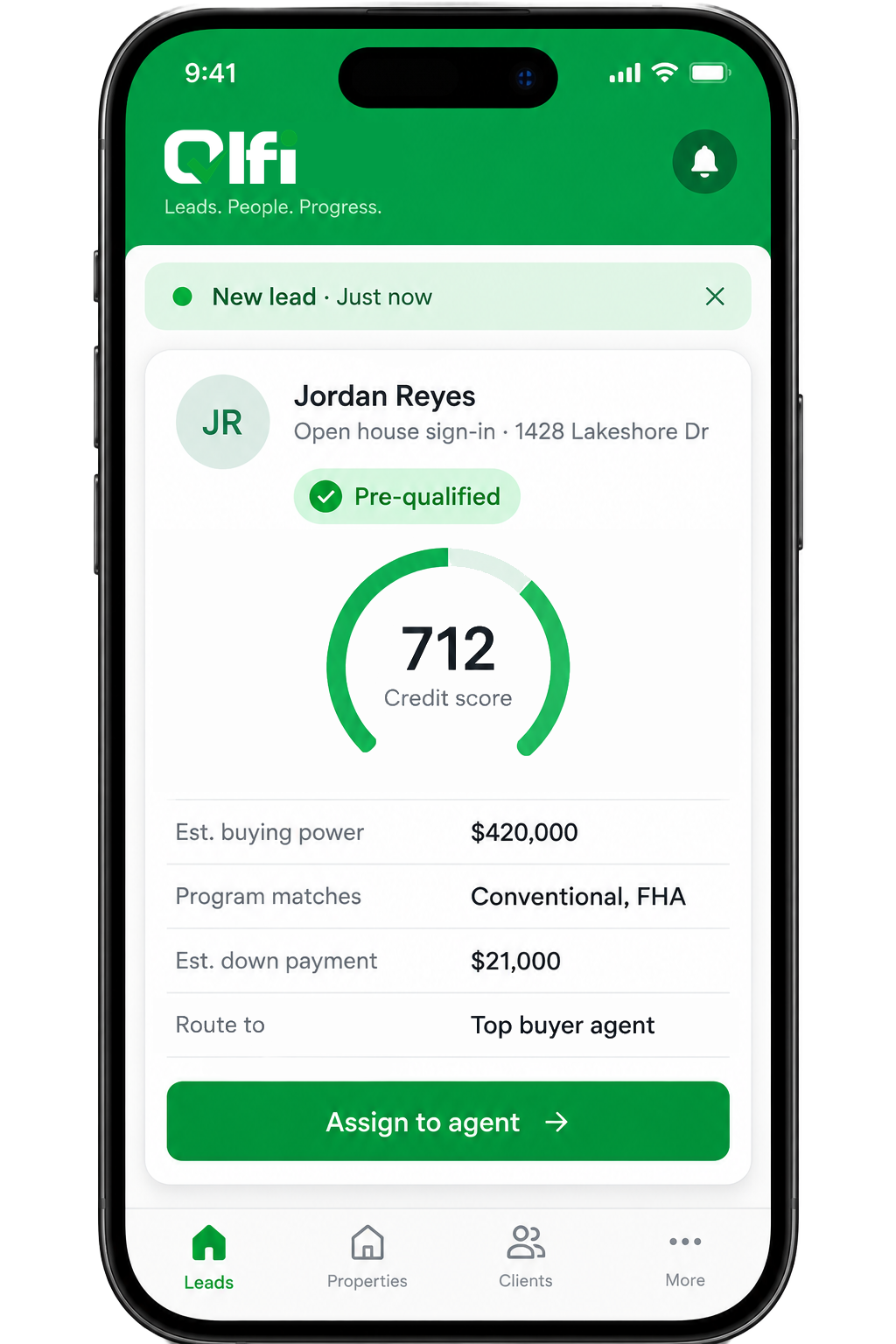 QLFI mobile app showing a new lead with instant pre-qualification details (illustrative)